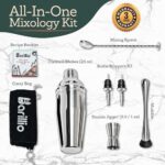 barillio Elite Cocktail Shaker Set Bartender Kit 24 oz Stainless Steel Martini Mixer, Muddler, Mixing Spoon, jigger, 2 liquor pourers, Velvet Bag, Recipes Booklet & eBook